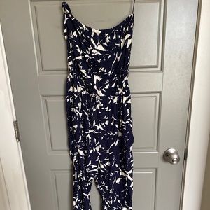 Navy Blue and White Strapless Jumpsuit